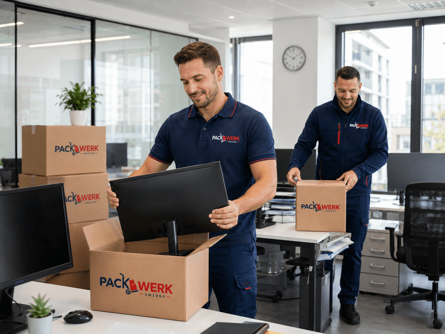 PackWerk Mitarbeiter beim Einpacken von Büromöbeln und Technik